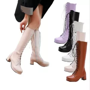 Nuevas Mujeres Lolita Cosplay GoGo Caballero Media pantorrilla Botas Punta Redonda Tacón de Bloque Zapatos D - Imagen 1 de 17