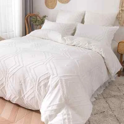 Summer white pinch pleat duvet cover double bed bedding set queen comforter  - Image 1 of 4