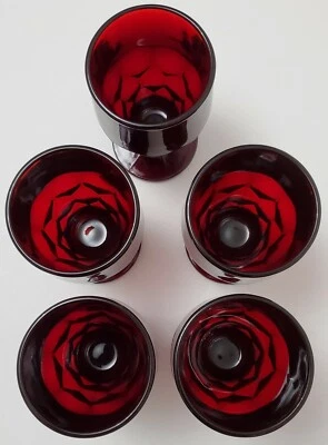 VINTAGE SET OF 5 ANCHOR HOCKING ROYAL RUBY RED GLASS 3 1/4" FOOTED JUICE WINE - Image 1 of 4