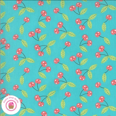Moda HELLO SUNSHINE 35353 16 Turquoise Cherries ABI HALL Quilt Fabric Children's - Image 1 of 4