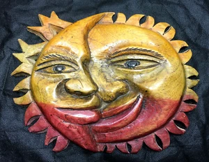 Wooden Sun & Moon Wall Art Plaque Ornament Sculpture Hand Carved & Hand Painted - Picture 1 of 8