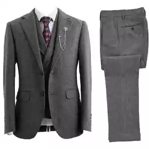 Abito da sposa uomo grigio tweed spina di pesce vintage retrò business sposo - Foto 1 di 11