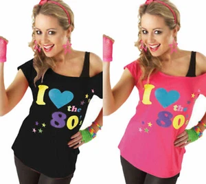 New Ladies Womens I Love the 80s Fancy Dress Hen Party Retro T-Shirt Top 6-26 uk - Picture 1 of 5