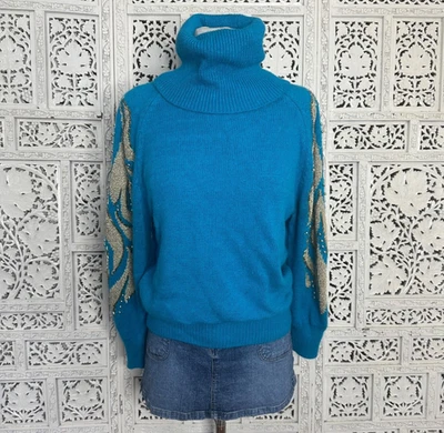 Suéter Glamour Grannycore Cuello Alto Mezcla Angora Seda Cuentas Azul y Dorado Años 80 De Colección Foto 1 de 4