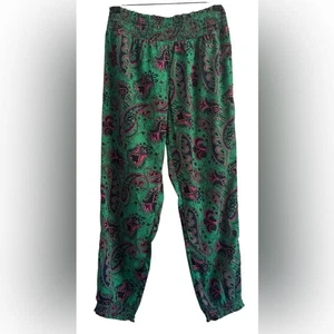 Aerie Green Paisley Print BOHO Silky Lightweight Harem Jogger Pants Size Medium - Picture 1 of 7