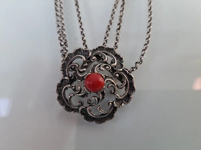 Elegante Vecchio Collier In Argento 925 Con Perla Di Corallo Teka 925 - Immagine 1 di 4