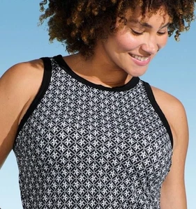 Nuevo con etiquetas $45 Lands End S 6-8 Negro Blanco Geo Estampado Floral Cuello Alto Tankini Top de Natación - Imagen 1 de 13
