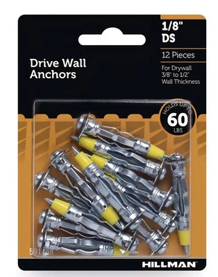 Anclajes de pared Hillman, 1/8" DS, acabado plateado zinc, acero, 60 lb, paquete de 12 Foto 1 de 4