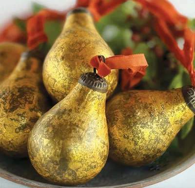 Medium Vintage Antique Gold Glass Pear Bauble Hanging Decoration with Velvet Rib - Image 1 of 2