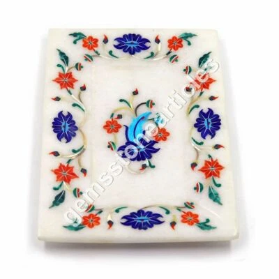 6"x4" White Marble Decorative Marquetry Semi Precious Stone Art Kitchen Tray - Image 1 of 2