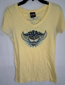 Harley-Davidson yellow v-neck bling graphic heart & wings short sleeve shirt - Picture 1 of 4