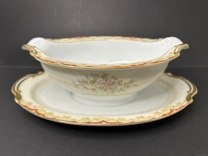 Vintage Noritake China LARES Oval Gravy Boat Underplate Red Gold Pink Floral - Picture 1 of 5