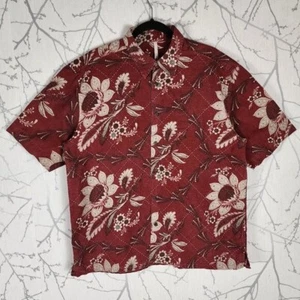 Axis Red Floral Print Linen Cotton Button Front Short Sleeve Shirt | Men's L - Picture 1 of 5