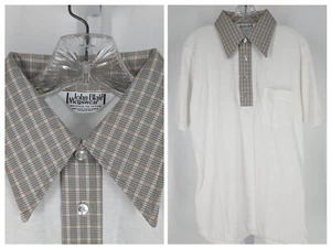 Vintage 70s Mod Disco Plaid Big Collar Jersey Cotton Knit Polo Shirt NOS - Picture 1 of 5