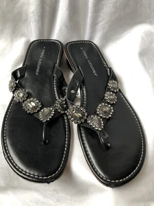 Athena Alexander Black Leather Jeweled Open Toe Thong Sandals Size 9 Unique LUXE - Picture 1 of 9