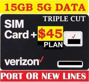 Verizon Wireless Prepaid Sim Card with $45 Plan 15GB 5G Data for life promotion - Picture 1 of 2