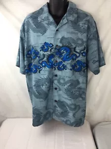 Street Culture Men’s Large Short Sleeve Button Up Dragons Blue - Picture 1 of 5