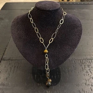 Etienne Aigner Tigers Eye Dainty Gold Tone Chain Lariat Dangle Necklace - Picture 1 of 6