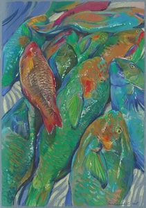 original drawing A3 134GZ artwork acrylic pastel modern fish - Picture 1 of 4