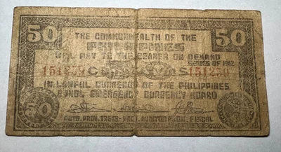 Filipinas 1942 emisión de emergencia, Bohol, 50 cincuenta centavos, ¡número de serie 65!! Foto 1 de 2