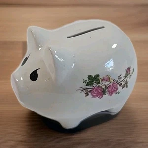 Vintage Floral Piggy Bank Collectible Small Ceramic With Stopper Home Decor - Picture 1 of 10