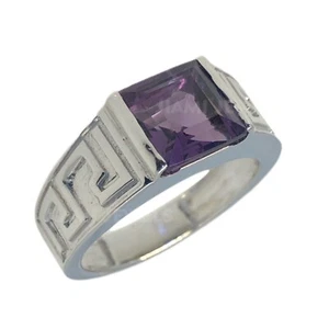 14k White Gold Greek Key Art Amethyst Ring Princess Cut Custom Made Women’s Gift - Picture 1 of 9