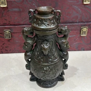 9"China Dynasty Old Jade Double Ears Dragon Phoenix Beast Incense Burner Censer - Picture 1 of 7