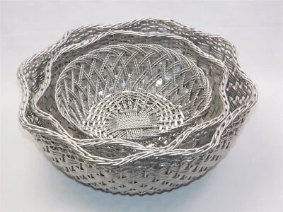 Набор из 3 винтажных серебряных тарелок плетеные металлические корзины 9 дюймов 12 дюймов 14 дюймов новые с ценниками - Изображение 1 из 4