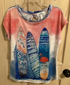 Amber H. Moran Art + Sol T-Shirt/Top Gr. LG Surfboards - Flamingo Keyhole Back - Bild 1 von 9