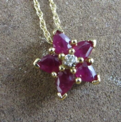 Solid 14k Yellow Gold Red Ruby & Diamond Flower 18" Chain Necklace 1.7 gr #1156 - Image 1 of 4