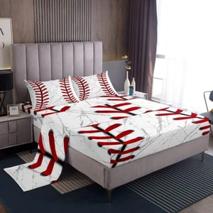Baseball Bed Sheets for Boys,Red White Baseball Sheet Set for Kids,Grunge Ball P - Picture 1 of 6