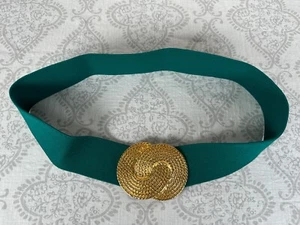 Vintage Statement Belt Womens Nan Lewis Green Gold Tone Buckle Wide Elastic - Picture 1 of 9