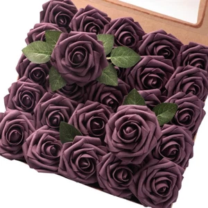 floroom Artificial Flowers 25pcs Real Looking Plum Foam Fake Roses with Stem - Picture 1 of 7