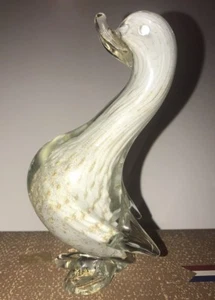 MURANO GLASS DUCK White With Gold Dust Controlled Bubbles Sculpture Italy - Picture 1 of 12