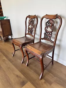 Rare Pair of Antique Chinese Export Carved Hardwood Side Chairs - Picture 1 of 9