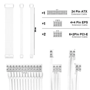 ABNO1 Kit d'extension de câble PSU (Blanc) - Câbles manchons 30 cm avec peignes | 24 broches - Photo 1/3