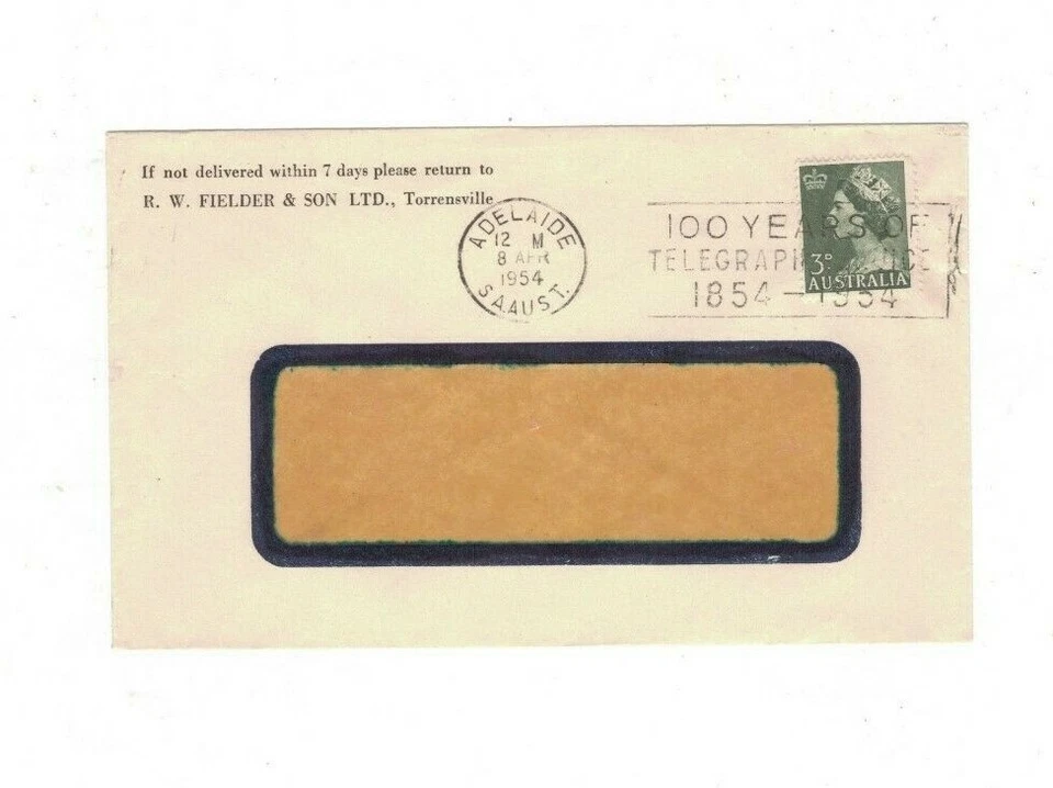 Australia 1954 FIELDE Cover,cds ADELAIDE SA  SLOGAN CANCEL "100 YEARS TELEGRAPH" - Image 1 of 1