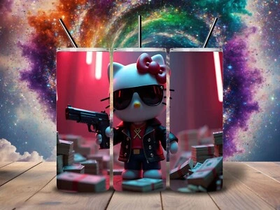 HelloKitty, 20oz Skinny Tumbler, Gangster Hello Kitty, Pink Bow, Seamless Design - Image 1 of 4