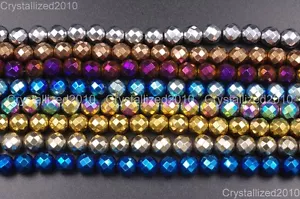 Natural Hematite Gemstone Faceted Round Beads Metallic Multi-Color Silver 15.5'' - Picture 1 of 19