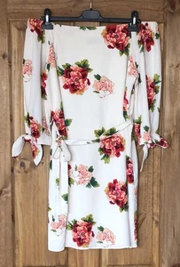 Beautiful Wallis cream floral red pink bardot dress with belt and sleeve ties 12 - Picture 1 of 10