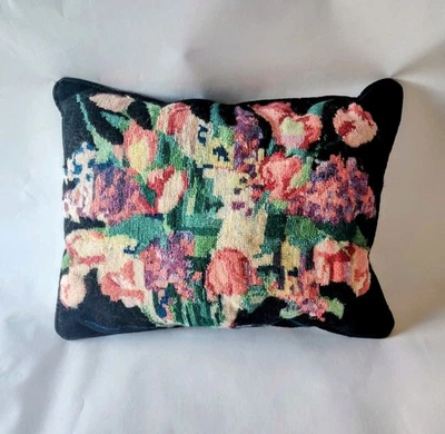 Vintage Wool Needlepoint Floral Pillow Cushion Handmade 16x13 Cottage Retro Boho - Image 1 of 4