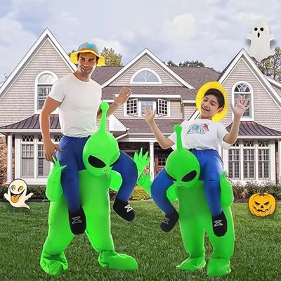 ZREE Kids Adult Inflatable Green Alien Costume Ride On Mens Halloween Blow Up Party