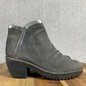 FLY London Wynn Slip On Boots Womens 38 7.5 8 Gray Suede Zip Ankle Bootie - Picture 1 of 11