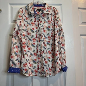 Talbots Cotton Blouse Button Up Butterfly Print Polka Dot Cuffs Cottage Size 12 - Picture 1 of 14