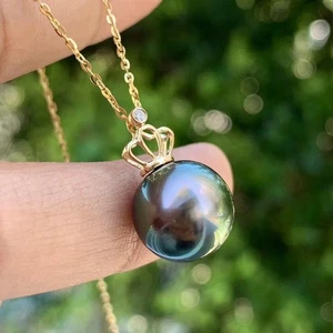Beautiful AAAA Black Green round 12-13mm Tatitian pearl pendant 18k yellow gold - Picture 1 of 3