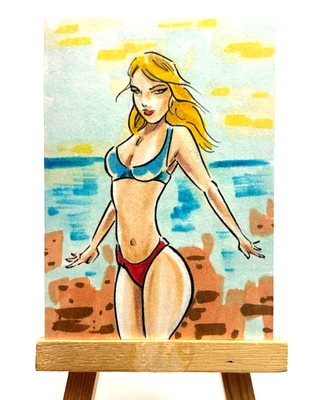 Supergirl Sketch Card 1/1 Original on card signed Artist ACEO On Card Swimsuit - Image 1 of 2