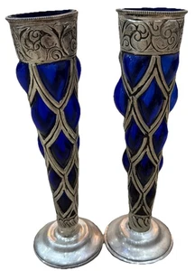 RARE Vintage Silver Caged Cobalt Blue Glass Vase 12" Made in India Set Of 2! - Picture 1 of 11