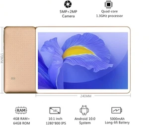 10.1" Android Tablet 4G LTE Dual-SIM, 4GB+64GB, HD IPS, GPS, Wi-Fi – Gold - Picture 1 of 6