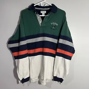 Vintage Izod Sport Green Color Block Stripe Long Sleeve Polo Shirt Mens Large - Picture 1 of 5
