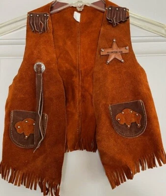 VTG Kids Leather Suede Sheriff Vest Yellowstone Park Buffalo Fringe Size L - Image 1 of 4